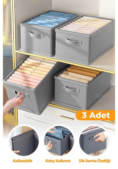 Serstil 3 Adet - Dolap Içi Düzenleyici, Raf Düzenleyici, Katlanabilir Kıyafet Saklama Kutusu 45 X 25 X 20 Cm Gri