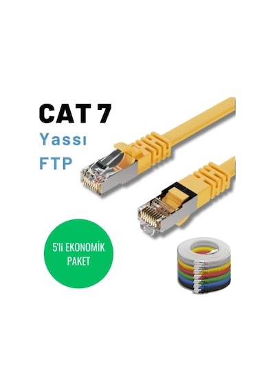 5 Adet 1 Metre Sarı Cat7 Yassı Ftp Ethernet Network İnternet Kablosu