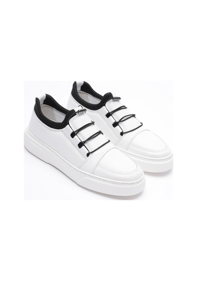 Erkek Hakiki Deri Lastik Detaylı Streçli Sneaker Beyaz Enzo Beyaz