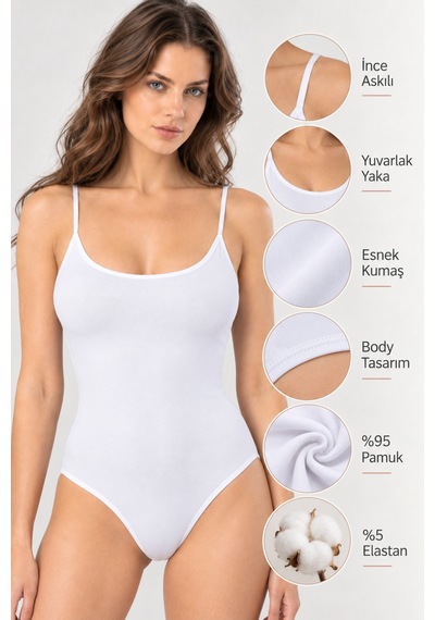 Loule Kadın %95 Pamuklu İnce Askılı Alttan Kancalı Body Beyaz