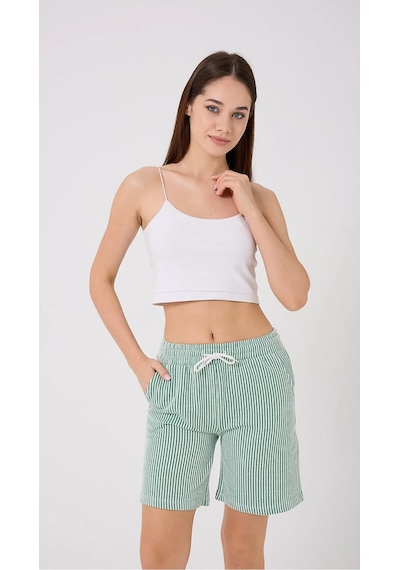 Thiffgymwear Yandan Cepli Beli Bağcıklı Su Yolu Kadın Çizgili Şort Yeşil