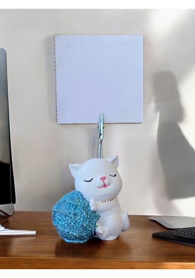 Mavi Sim Yumak Tutan Oturan Kawaii Kedi Temalı Not Tutacağı Fotoğraf Tutacak Tutucu Ofis Hediyelik Simli Mavi