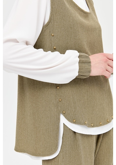 Esswaap Retro Dokulu Üçlü Pantolonlu Takım Haki-haki Haki