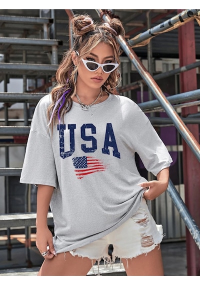 Flood Of Style Usa Flag Baskılı Gri Oversize Tişört
