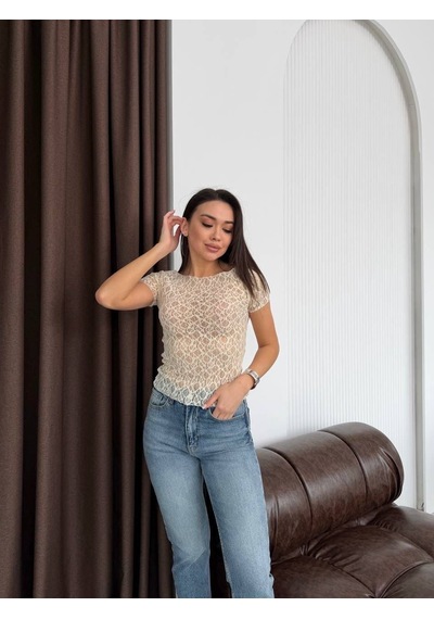 Elaxi Kadın Kayık Yaka Kısa Kollu Dantel Bluz Sarı