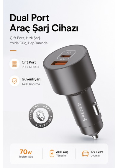 Kensa 70w Araç Hızlı Şarj Aleti Usb-c + Qc Usb-a Girişi Tüm Araçlar Uyumlu Şarj 70w Car Charger