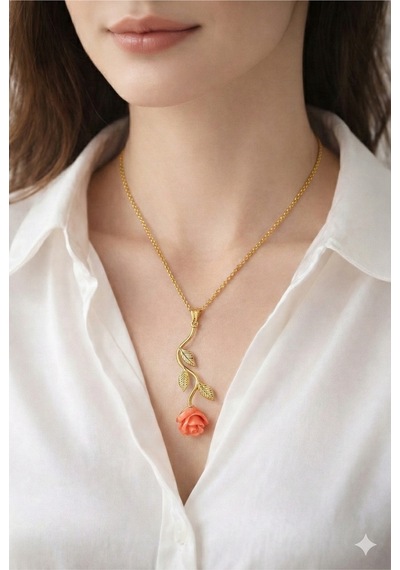 Çekirdekjewelry 925 Ayar Gümüş Pembe Güllü Ters Kolye Sarı