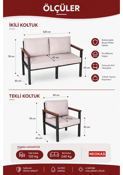 Neokas Bahçe Balkon Mobilyası, 3 + 2 +1 Bahçe Takımı, Kafe Koltuğu, Bekleme Alanı Koltuğu,