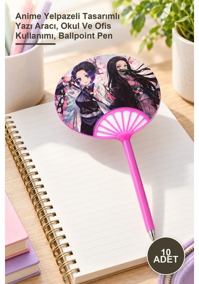 10 Adet Tükenmez Kalem Anime Yelpazeli Tasarımlı Yazı Aracı, Okul Ve Ofis Kullanımı, Ballpoint Pen 1