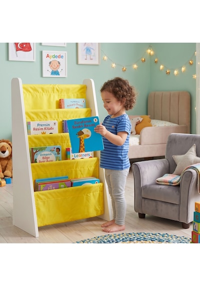 Çocuk Odası Bez Raflı Montessori Kitaplık - 4 Katlı 18mm Beyaz Mdf Ahşap Kitap Organizeri Sarı