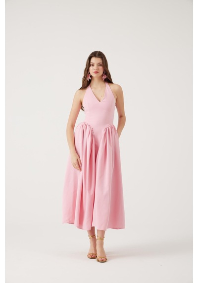 Holly Lolly Boyundan Bağlamalı Bele Oturan Uzun Ophelia Elbise Pembe