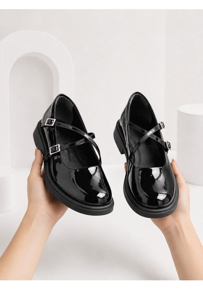 Dabab Shoes Marsel Kadın Siyah Rugan Çapraz Bantlı Tokalı 2 Cm Kalın Taban Mary Jane Ayakkabı