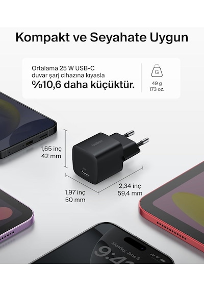 Belkin Usb-c 25 W Pd 3.0 Pps Hızlı Şarj Cihazı, Siyah 25w