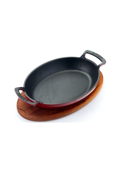 Lava Oval Kulplu Tava Ahşap Altlıklı 27x20 Kırmızı