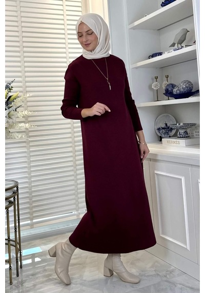 Rabia Şamlı Öykü Çelik Örme Triko Elbise Bordo Normal