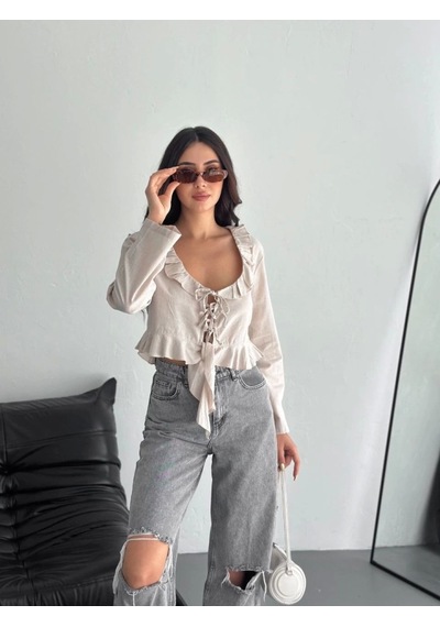 Defymoda Keten Uzun Kol Bağacık Detaylı Bluz - Bej Bej