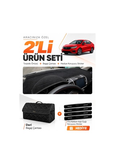 E-biz Honda Cıty 2020-2024 Uyumlu Torpido Örtüsü + Deri Bagaj Çantası Seti - Siyah - Ho003
