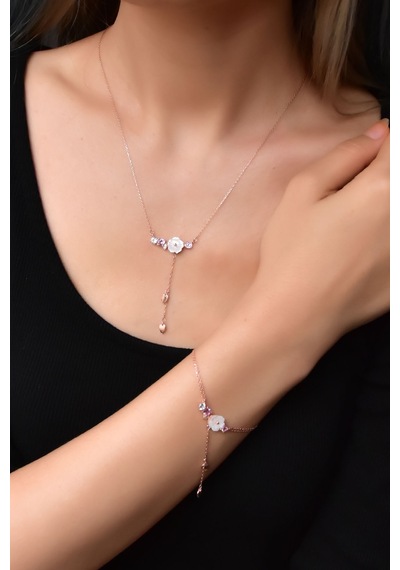 Papatya Silver 925 Ayar Gümüş Rose Kaplama Kardelen Çiçeği Kolye Bileklik Set