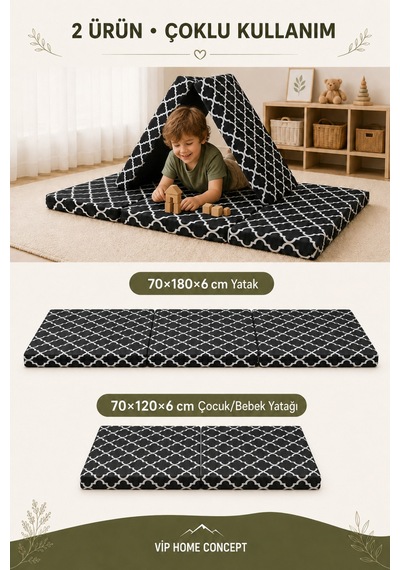 2'li Katlanabilir Çocuk Oyun Minderi ve Yer Yatağı Seti 70x180 + 70x120 CM 6 CM - Karaçatı