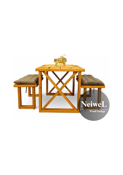 Neiwel Garden Dian Doğal Ahşap Banklı Bahçe Masa Takımı-120-220 Takım Açık Ceviz