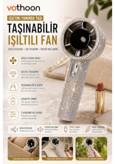 Taşınabilir Fan Kristal Yapay Elmas El Vantilatörü Mini Kişisel El Tipi Fan Işıltılı Soğutma Küçük Fan