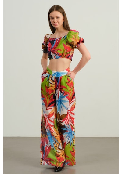 Duygudan Tropikal Desenli Crop Bluz & Palazzo Pantolon Takım - Yeşil Çok Renkli
