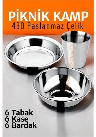 Paslanmaz Çelik Tabak Kase Bardak Seti Kamp Piknik Seti 18 Adet 721505 '