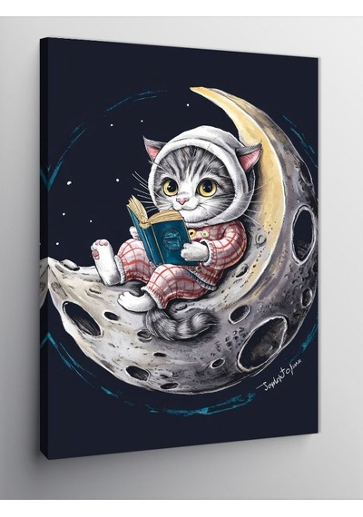 Kanvas Tablo Ay Üzerinde Kitap Okuyan Kedi 100cmx140cm