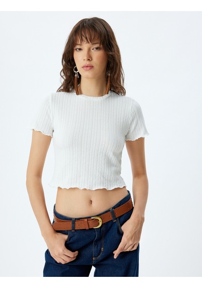 Koton Crop Top Dokulu Kısa Kollu Bisiklet Yaka Slim Fit Beyaz 4sak50787ek Beyaz
