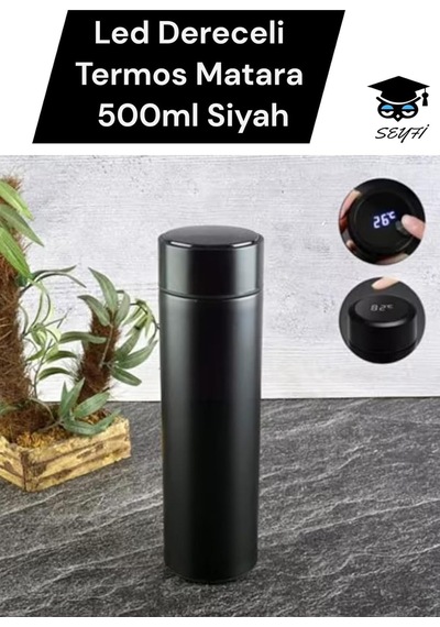 Kirtasiye 500 Ml Termos Matara, Led Dereceli, İç Dış Paslanmaz Çelik, Siyah Çok Renkli