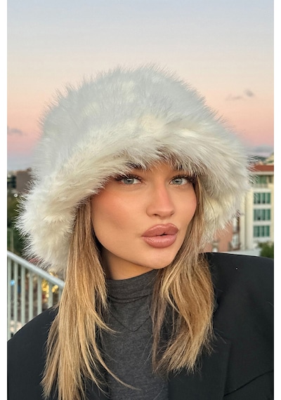 Mollycrush Suni Kürklü Peluş Bucket Kalpak Şapka Luxury Kadın Beyaz Rus Slav Tarzı Beyaz