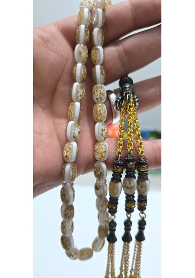 Ağır Püskül Golden Rosary Altın Parçacılı Tesbih Altın - Beyaz
