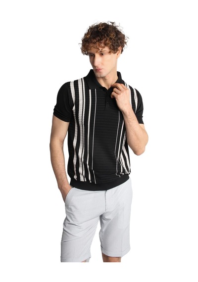 İgs Siyah Slim Fit Dar Kalıp Düğmeli Polo Yaka Desenli Kısa Kollu Triko Tişört-16315
