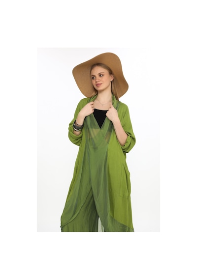 Bohem Stil Italyan Ipek Detaylı Oversize Kap Bluz- Wes Pantolon Takım-8863 Yağ Yeşili