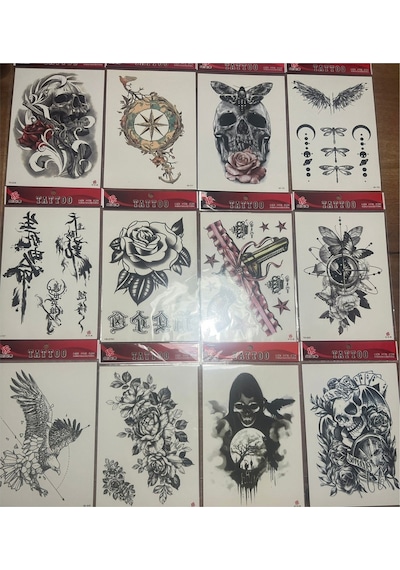 Airbrush Tattoo Büyük Boy Yapıştırma Geçici Dövme Seti 12'li Seri5