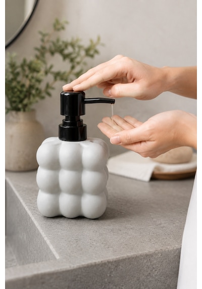 Modern Bubble Sıvı Sabunluk 400 Ml Siyah Pompalı Kabarcık Desenli Banyo Ve Mutfak Tezgâh Üstü Dispenser - 15 Cm X 9 Cm X 6,5 Cm Gri