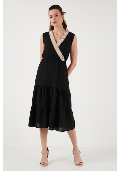 Lela Regular Fit Kruvaze Yaka Midi Bayan Elbise 6118103 Siyah