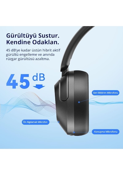 Wave Pro Kulak Üstü Bluetooth Kulaklık - Anc - 80 Saate Kadar Pil Ömrü - Siyah Earfun Türkiye Garantili