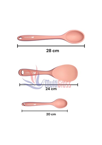 Tr Sert Uçlu Isıya Dayanıklı Silikon Kaşık Seti, 28 Cm, 24 Cm, 20 Cm, Pembe