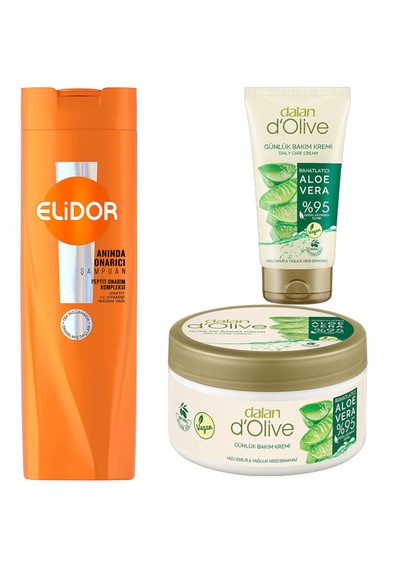 Elidor Dalan D'olive Aloe Vera El & Vücut Kremi Seti 250 Ml + 60 Ml + Elidor Şampuan 400ml Onarıcı Kuru - Yıpranmış Elidor Dalan D'olive Aloe Vera El & Vücut Kremi Seti 250 Ml + 60 Ml + Elidor Şampuan 400ml Onarıcı Kuru - Yıpranmış