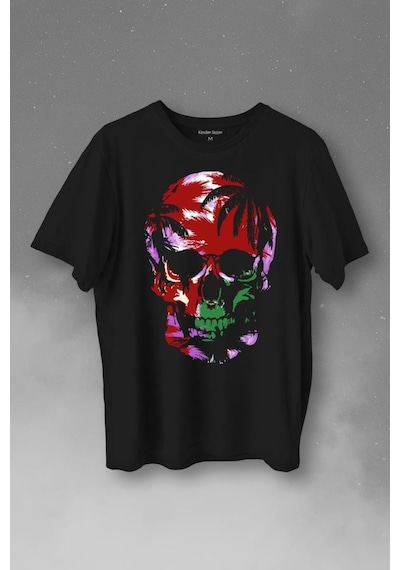 Rengarenk Kafatası Skull Head Lila Renkleri Baskılı Tişört Unisex T-shirt 001