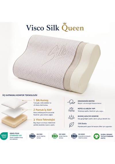 Homedius Visco Queen Spacer Silk Boyun Destekli Ortopedik Visco Yastık 55x35x12 Cm Beyaz