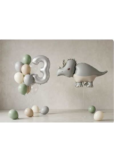 Triceratops / Dinazor Temalı Mini Balon Seti 17 Parça Soft Yeşil-beyaz-gri