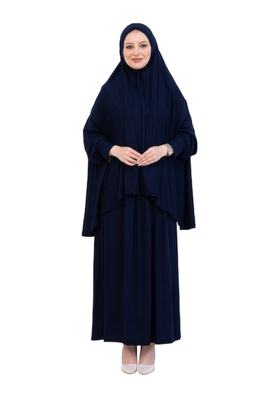 Modish Group İki Parça Namaz Elbisesi Uzun Pamuklu Tesettür Giyim Abaya & Başörtüsü Set Lacivert