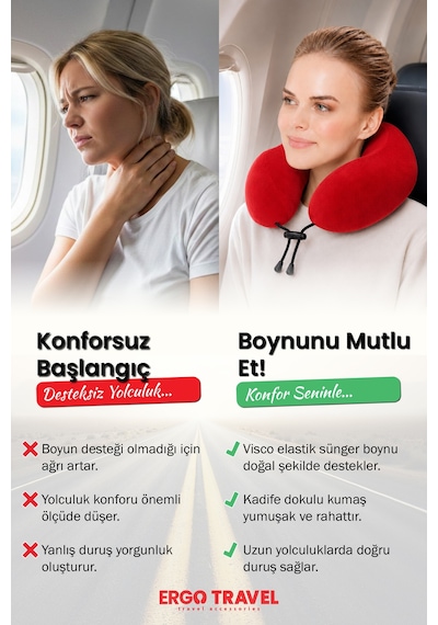 Viscofoam Comfy Ortopedik Seyahat Yastığı Visco Boyun Destekli Seyahat Yastığı - Kırmızı | Ergo Travel