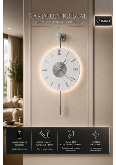 MetaQuartz Aksesuar Gümüş Kardelen - Pilli Ledli - Modern Dekoratif Metal Duvar Saati