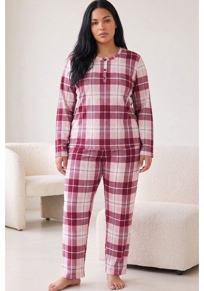 Siyah İnci Düğmeli Pamuklu Likralı Büyük Beden Battal Boy Örme Pijama Takım26240959 Vişne