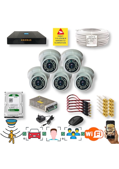 5 Kameralı Set Yapay Zeka Özellikli Gece Görüşlü 5 Mp Sony Lensli Fullhd İç Mekan Güvenlik Kamerası Seti D136b-9008
