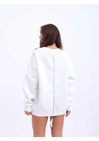 Fashion Friends Arka Sırt Boydan Fermuarlı Elbise Görünümlü Salaş Logolu Sweat Ekru