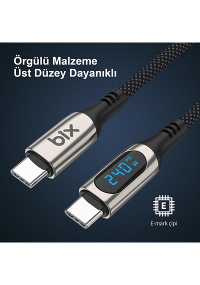 Bxcc243 Type-c To Type-c 240w 480mbps E-marker Çip Dijital Ekran Göstergeli Örgülü Şarj Ve Data Kablosu 1 Metre